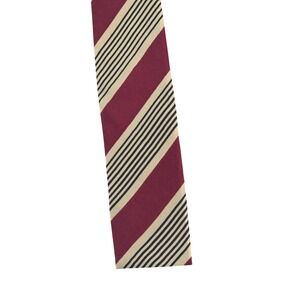 Vintage Panda Brand Pure Silk Necktie Tie Burgundy Beige‎ Black Striped Skinny